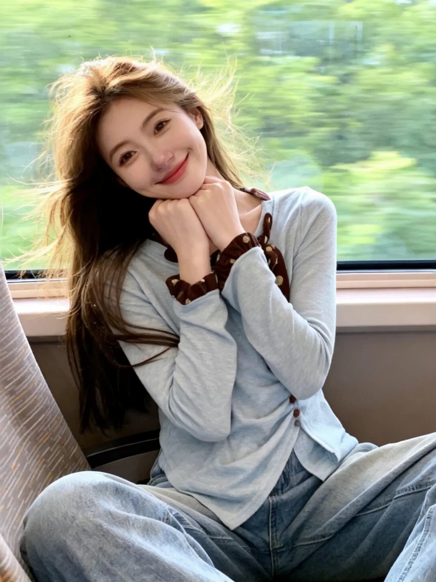 하늘색 배색 리본 티셔츠 여성 가을 새로운 도트 무늬 나비 매듭 장식 루즈핏 슬림해 보이는 캐주얼 긴팔 맨위 상세 이미지 5
