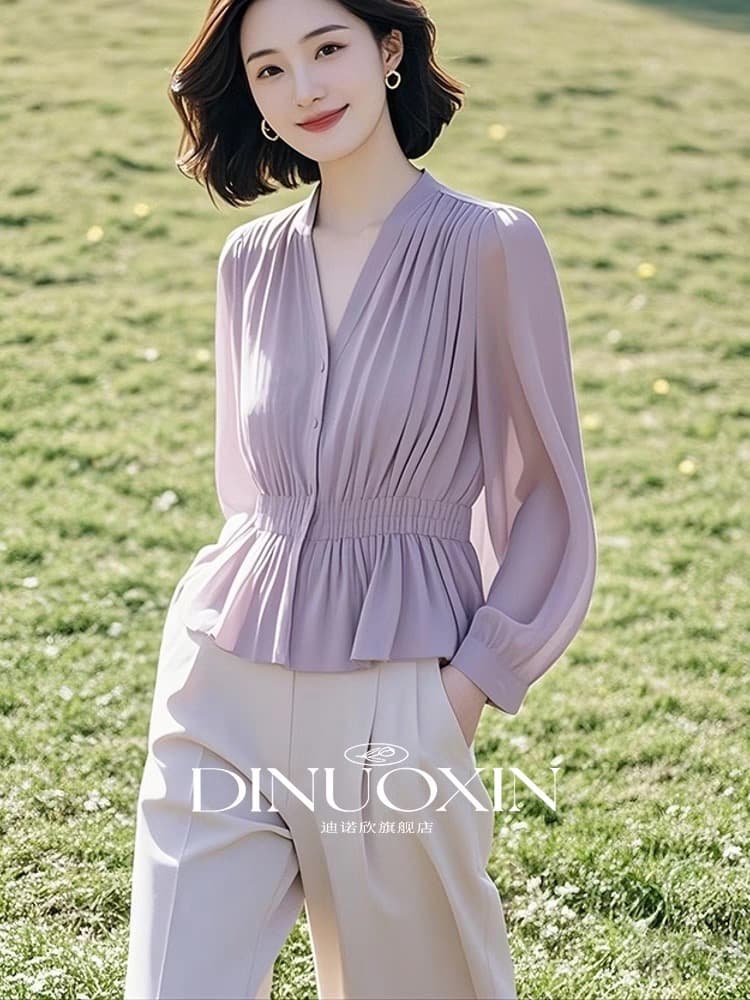 2026 년 가을 새로운 고유 한 슈퍼 잘 생긴 보라색 긴팔 셔츠 인사이드 가져 가라. 프랑스식 고급 센스 품격 맨위 이미지 3
