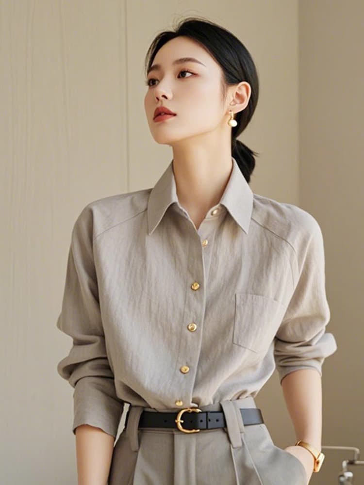 2026 이른 가을 새로운 숙련 된 품격 서리가 내린 부서 고급 센스 회색 긴팔 얇은 셔츠 이미지 2