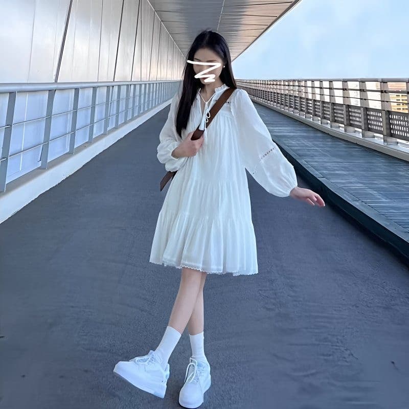 봄 가을 새로운 작은 키 가짜 홀로우 아웃 프랑스식 패치워크 7부 소매 화이트 점프 슈트 치마 버블 미니 스커트