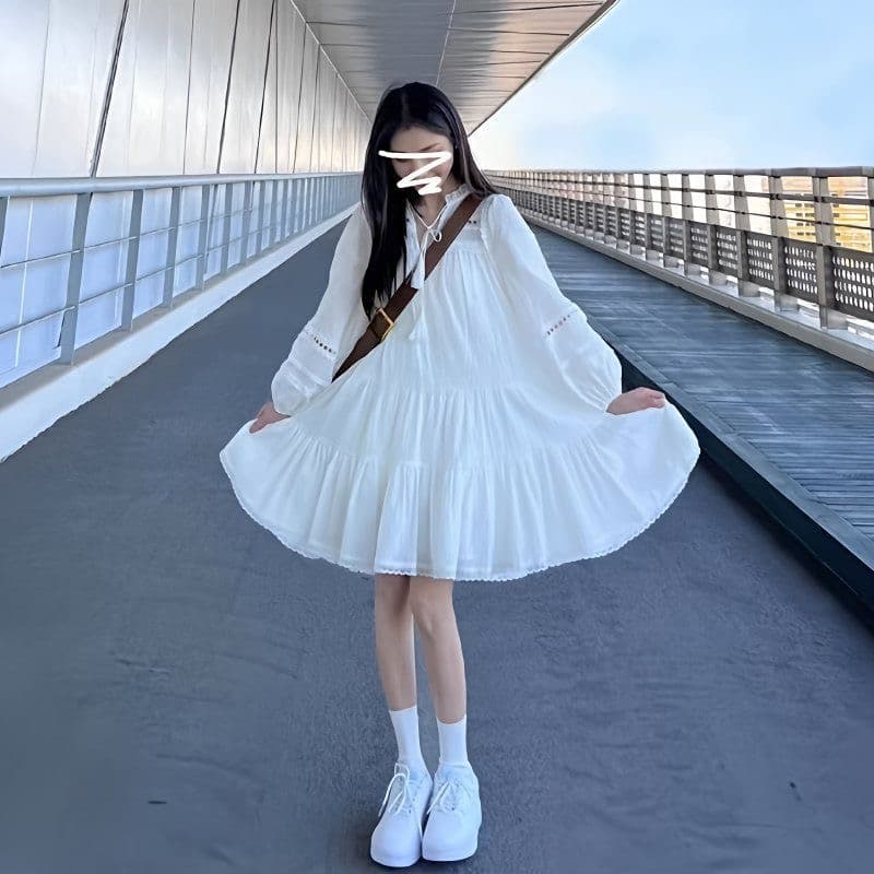 봄 가을 새로운 작은 키 가짜 홀로우 아웃 프랑스식 패치워크 7부 소매 화이트 점프 슈트 치마 버블 미니 스커트 상세 이미지 2
