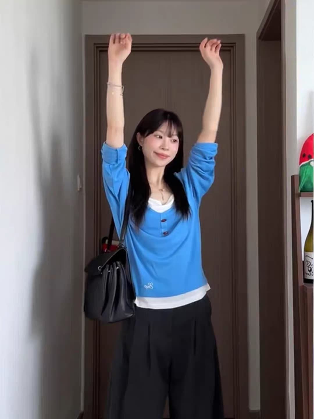 긴팔 파란색 페이크 레이어드 맨위 바지 세트 이미지 3
