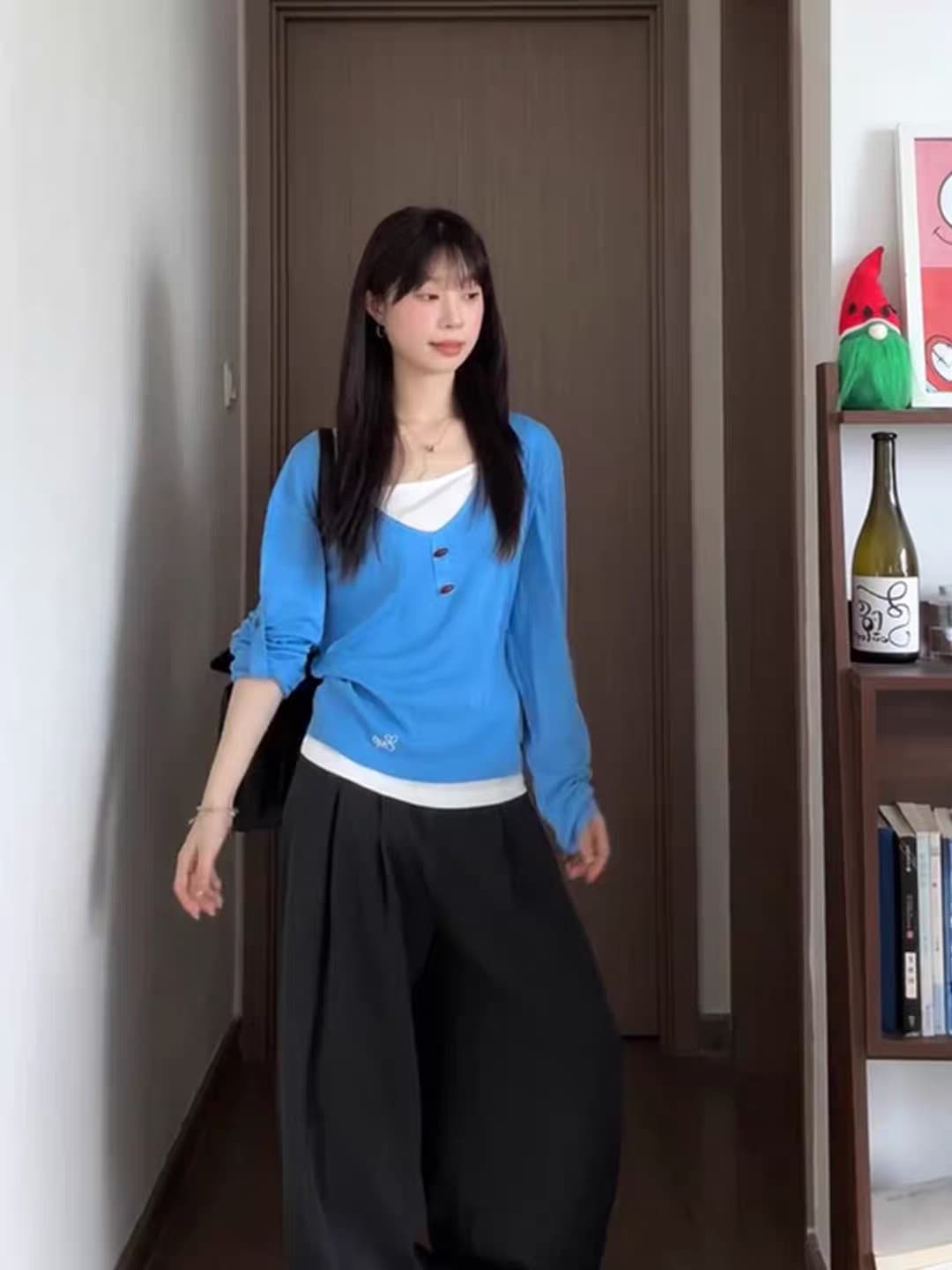 긴팔 파란색 페이크 레이어드 맨위 바지 세트 이미지 4