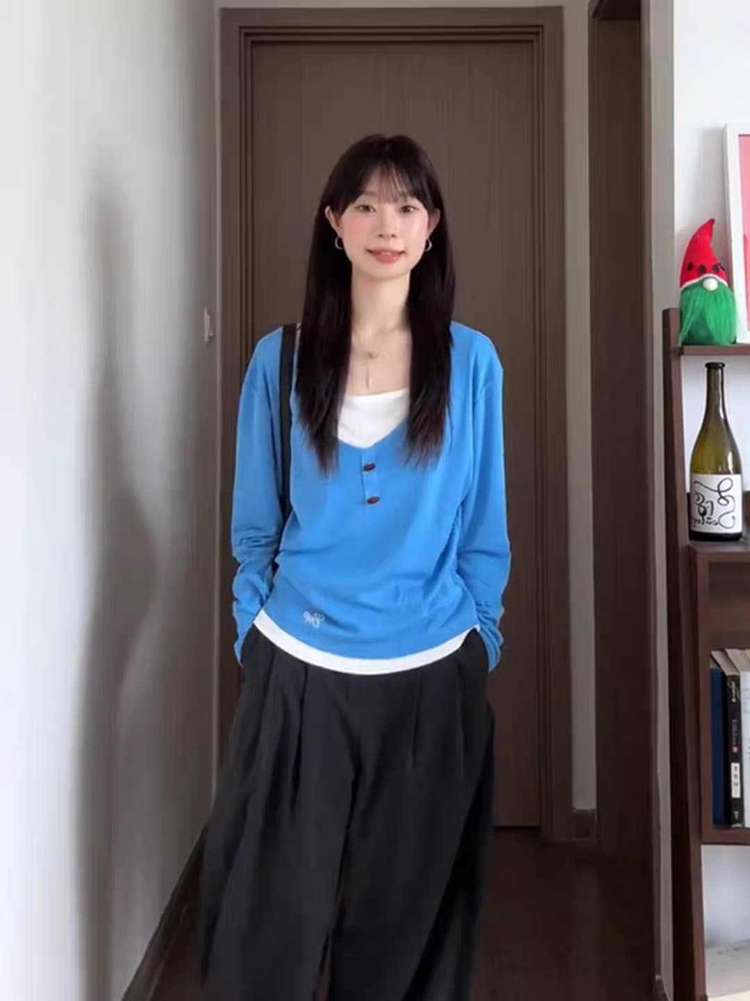 긴팔 파란색 페이크 레이어드 맨위 바지 세트 상세 이미지 3