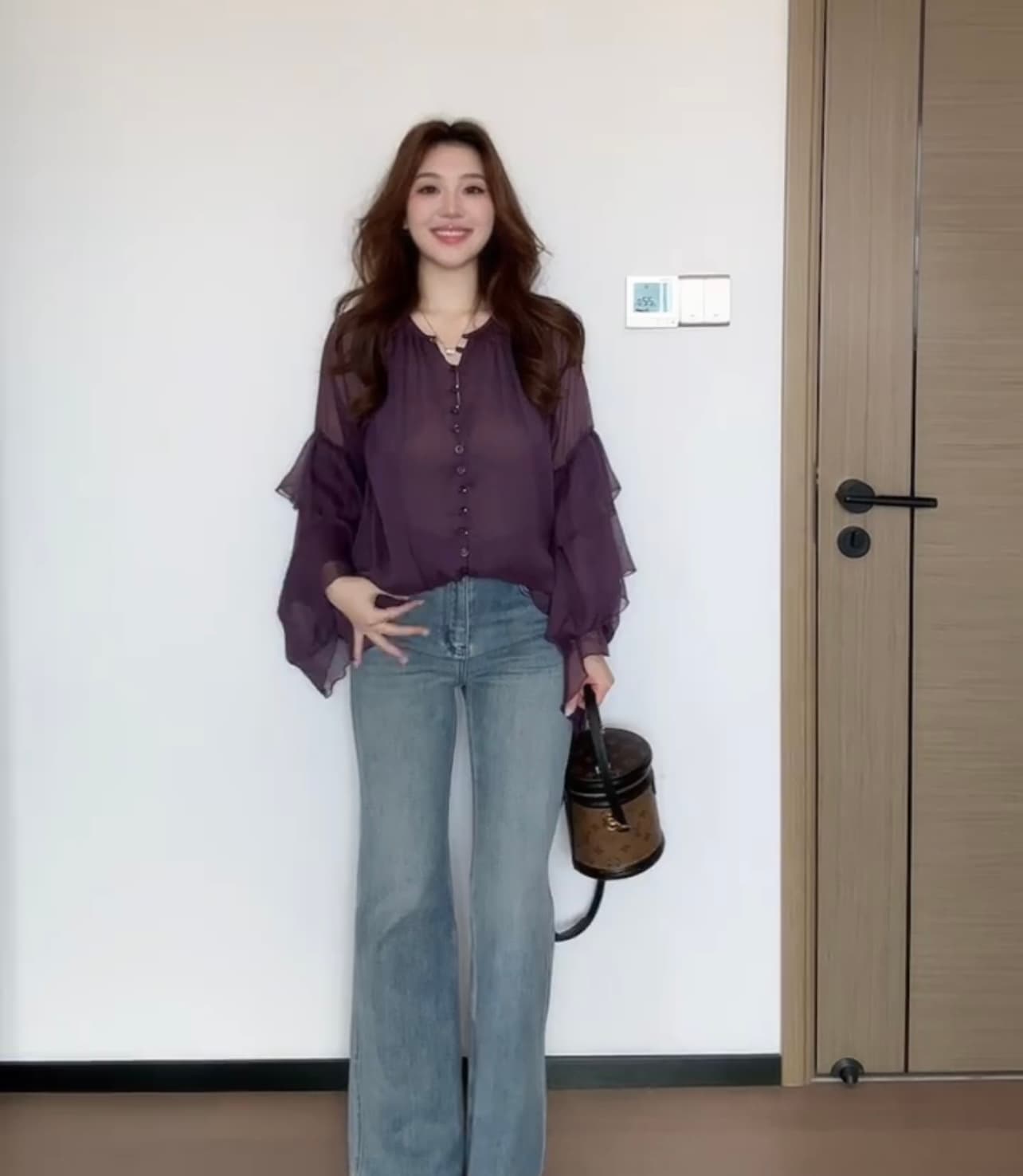 프랑스식 프릴 패치워크 보라색 여성 셔츠 2026 새로운 셔츠 바지 세트 이미지 2