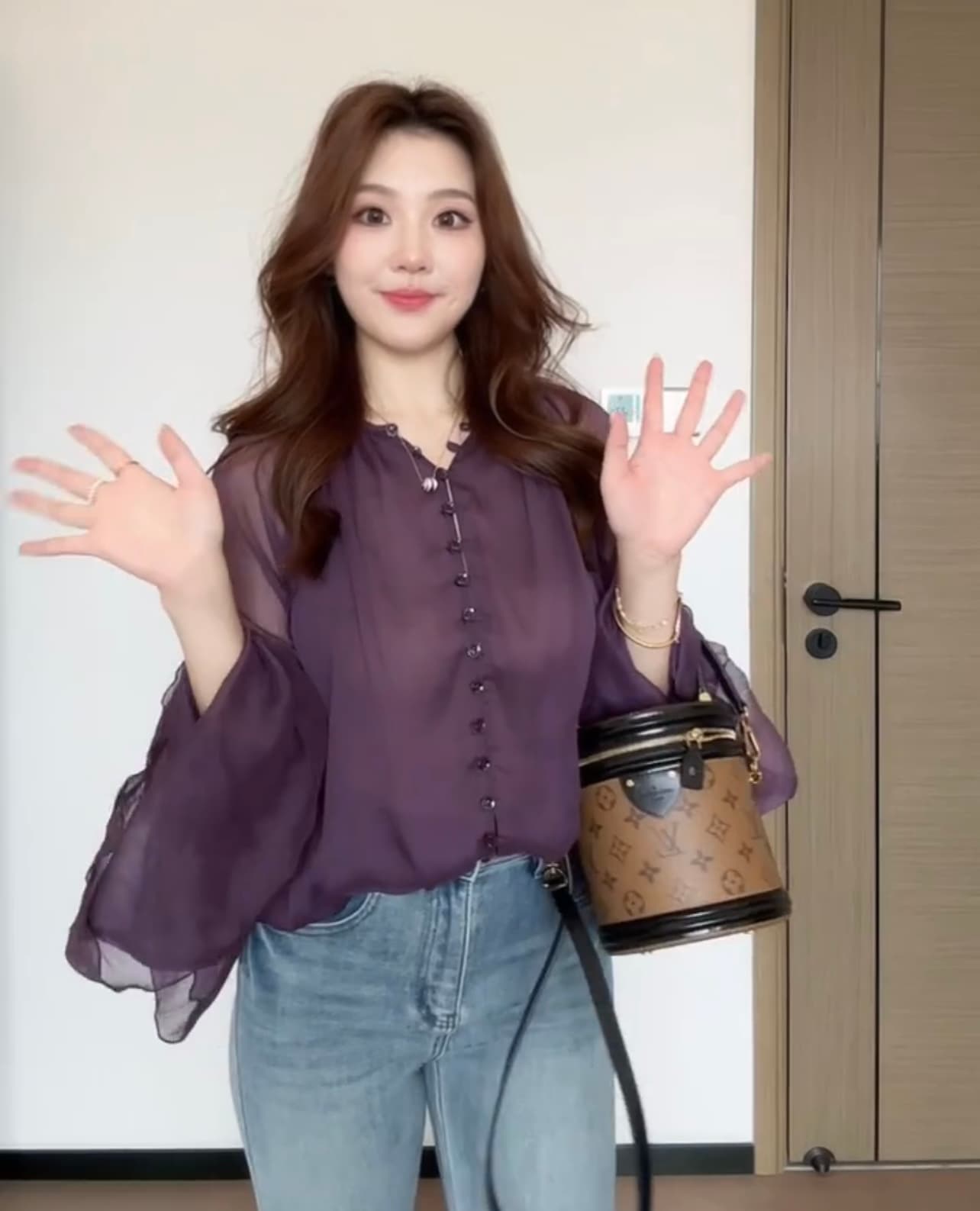 프랑스식 프릴 패치워크 보라색 여성 셔츠 2026 새로운 셔츠 바지 세트 상세 이미지 2