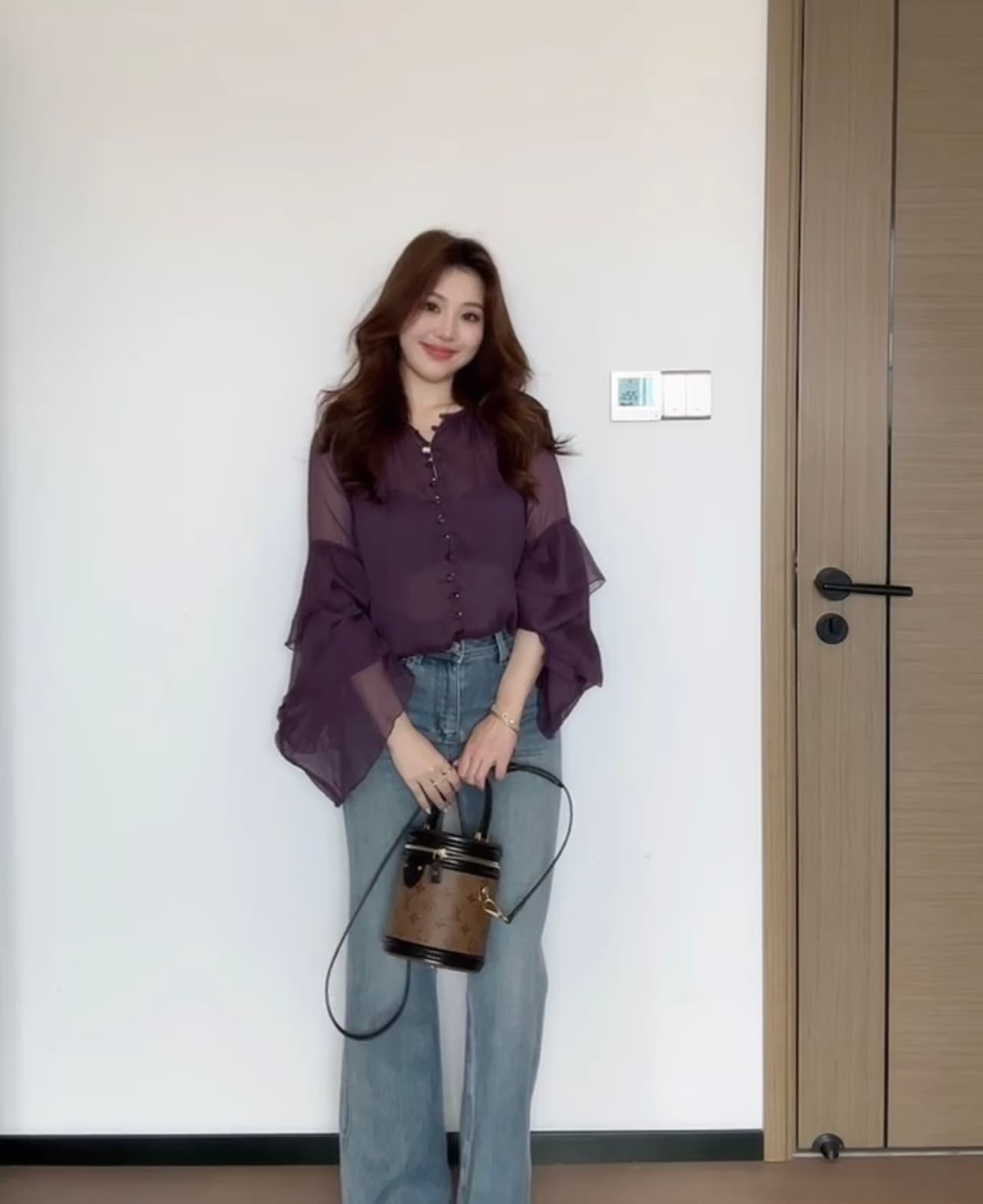프랑스식 프릴 패치워크 보라색 여성 셔츠 2026 새로운 셔츠 바지 세트 상세 이미지 4