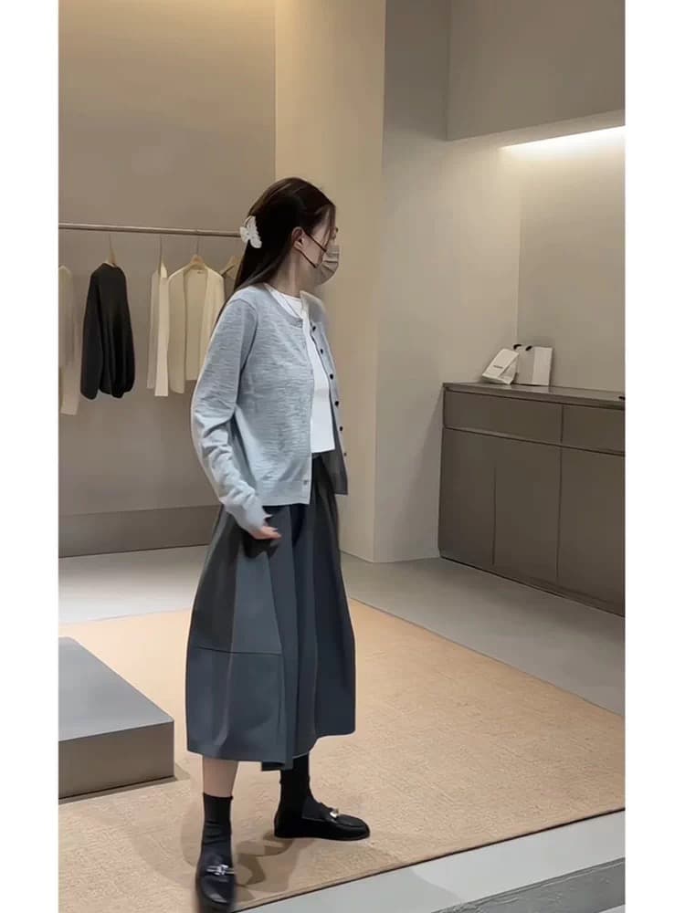 회색 오픈 가디건 반신 치마 세트 상세 이미지 3