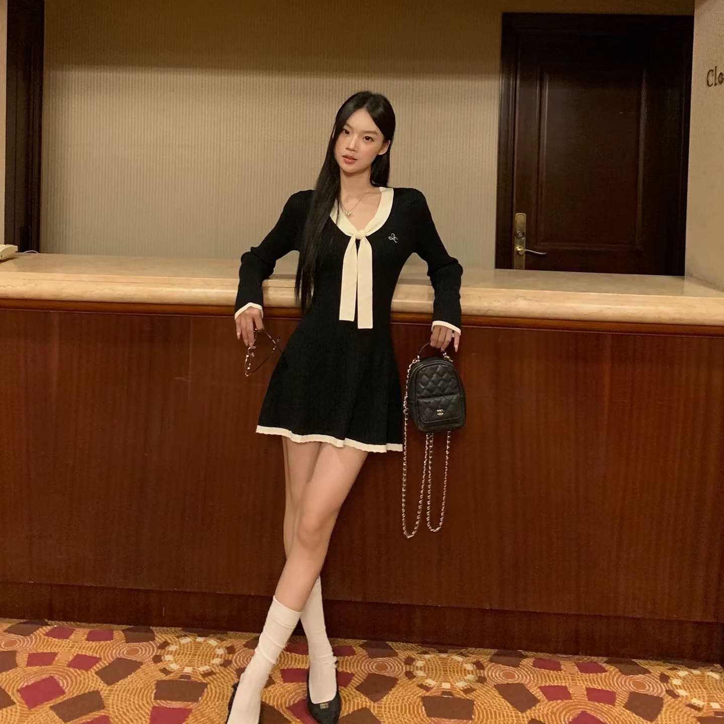 긴팔 여성 드레스 가을 자이언트 잘 생긴 ~ 중 프랑스식 검정색 관대 한 점잖은 아름다운 페이크 레이어드 치마 상세 이미지 3