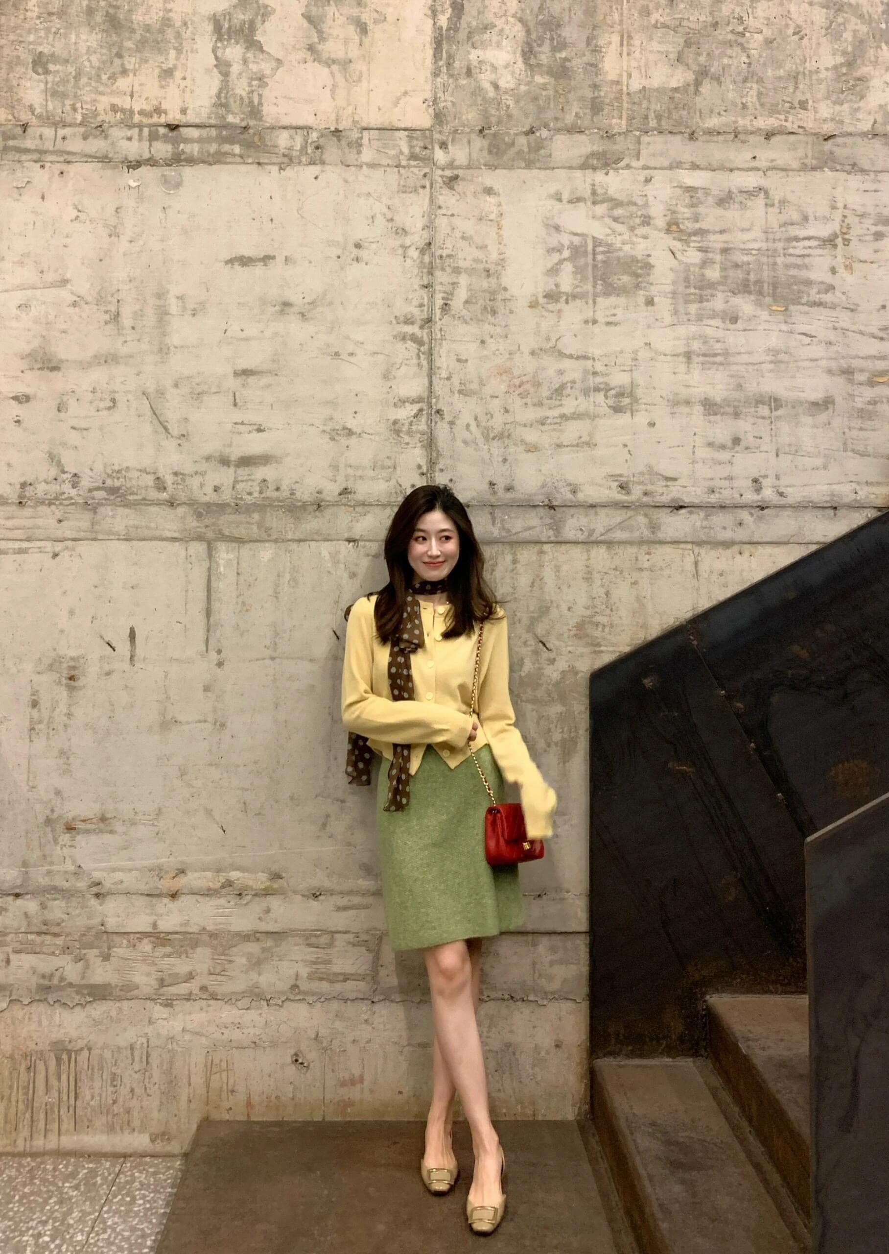 전체 집합 ootd 착용 가져 가라. 품격 황색 니트 오픈 가디건 녹색 반신 스커트 고유 한 아름다운 겨울 의류 투피스 슈트 이미지 4