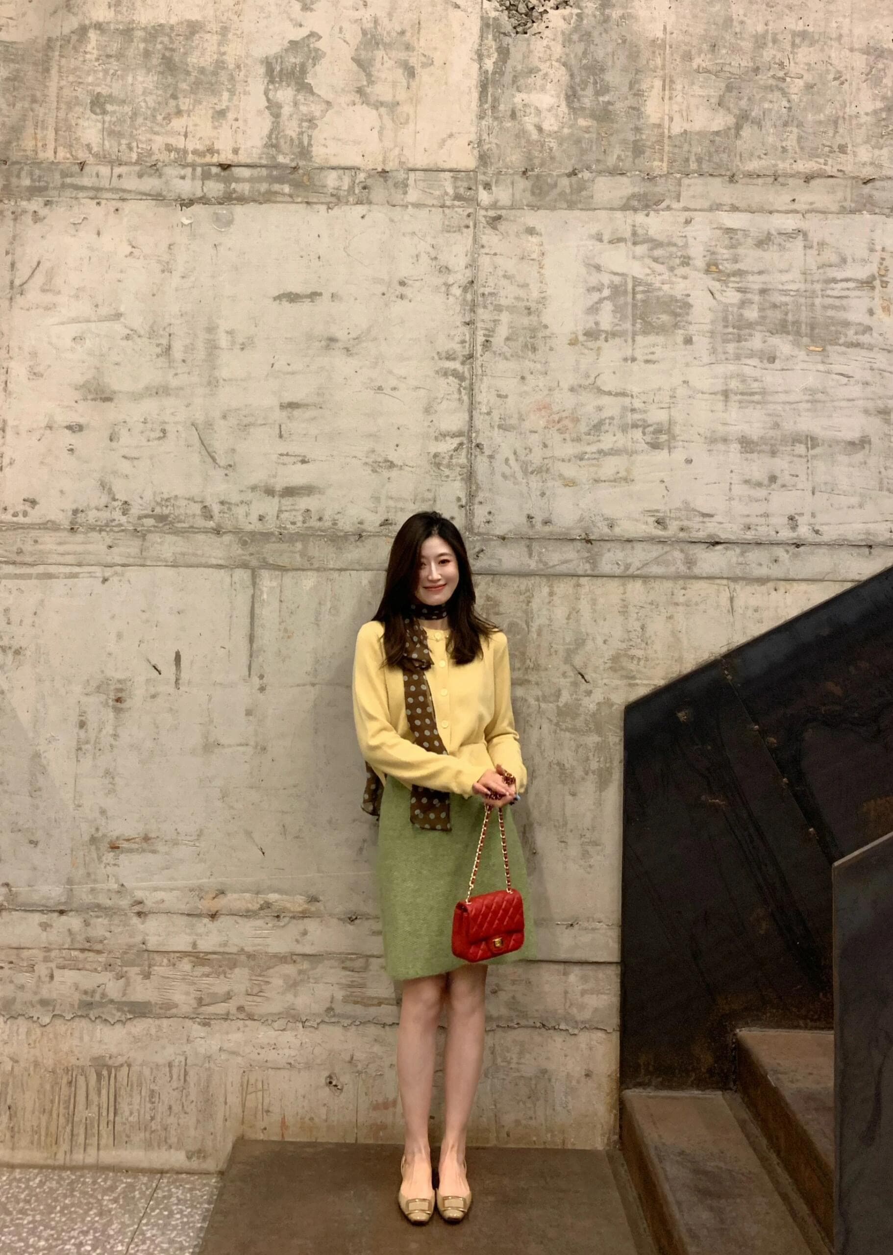 전체 집합 ootd 착용 가져 가라. 품격 황색 니트 오픈 가디건 녹색 반신 스커트 고유 한 아름다운 겨울 의류 투피스 슈트 상세 이미지 2