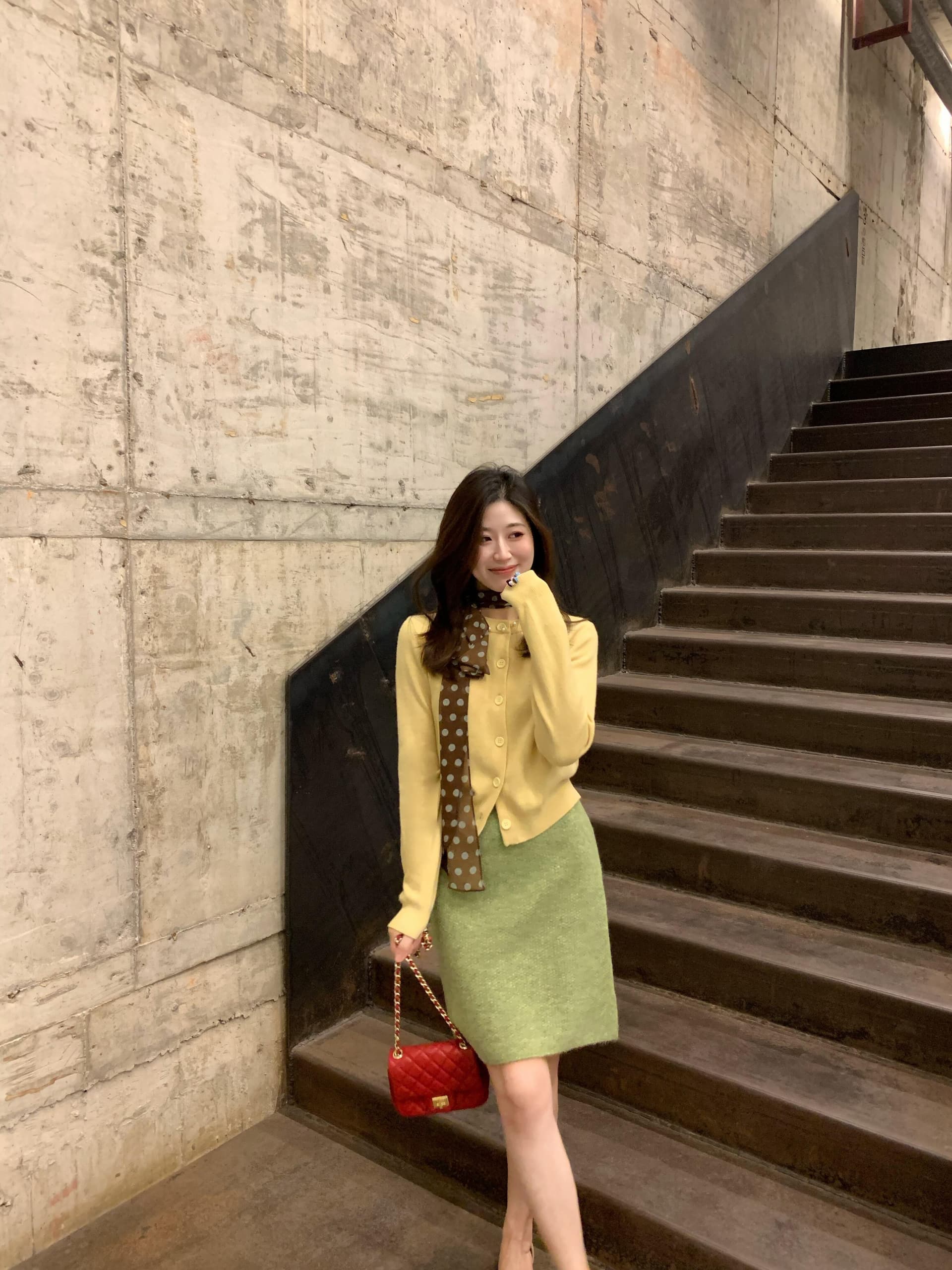 전체 집합 ootd 착용 가져 가라. 품격 황색 니트 오픈 가디건 녹색 반신 스커트 고유 한 아름다운 겨울 의류 투피스 슈트 상세 이미지 3