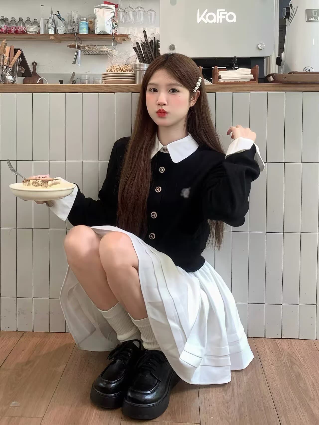 학원 스타일 이른 가을 착용 가져 가라. 전체 집합 배색 패치워크 페이크 레이어드 오픈 가디건 스웨터 플리츠 반신 치마 투피스 세트 상세 이미지 2