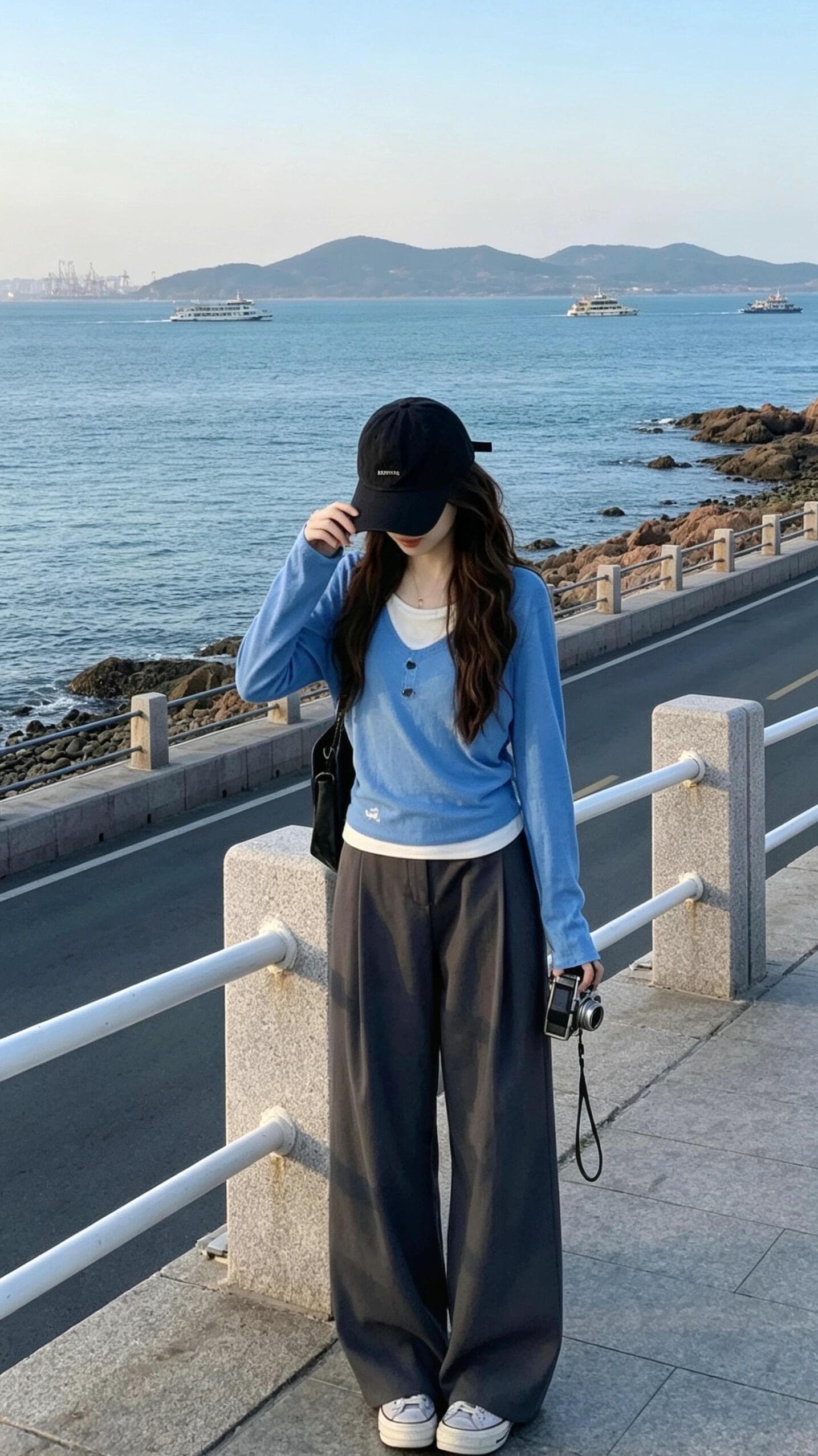 가을 2026 페이크 레이어드 긴팔 맨위 여성 한 부서 허리 수축 슬림해 보이는 Chic 티셔츠 플러스 바지 세트 이미지 5