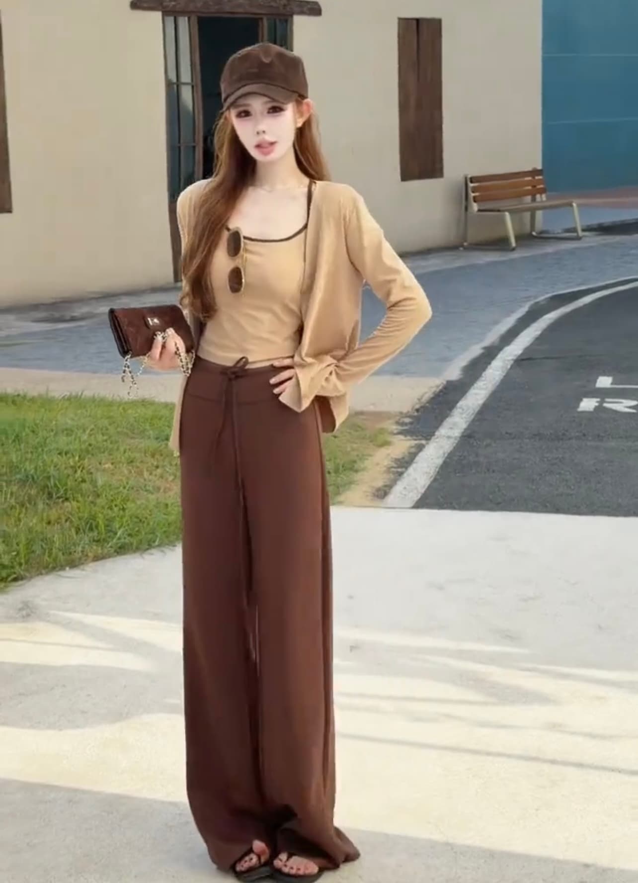 세트 2026 이른 가을 새로운 한국 스타일 외국 가스 슬림해 보이는 패치워크 색상 캐미솔 카디건 코트 캐주얼 바지 이미지 4
