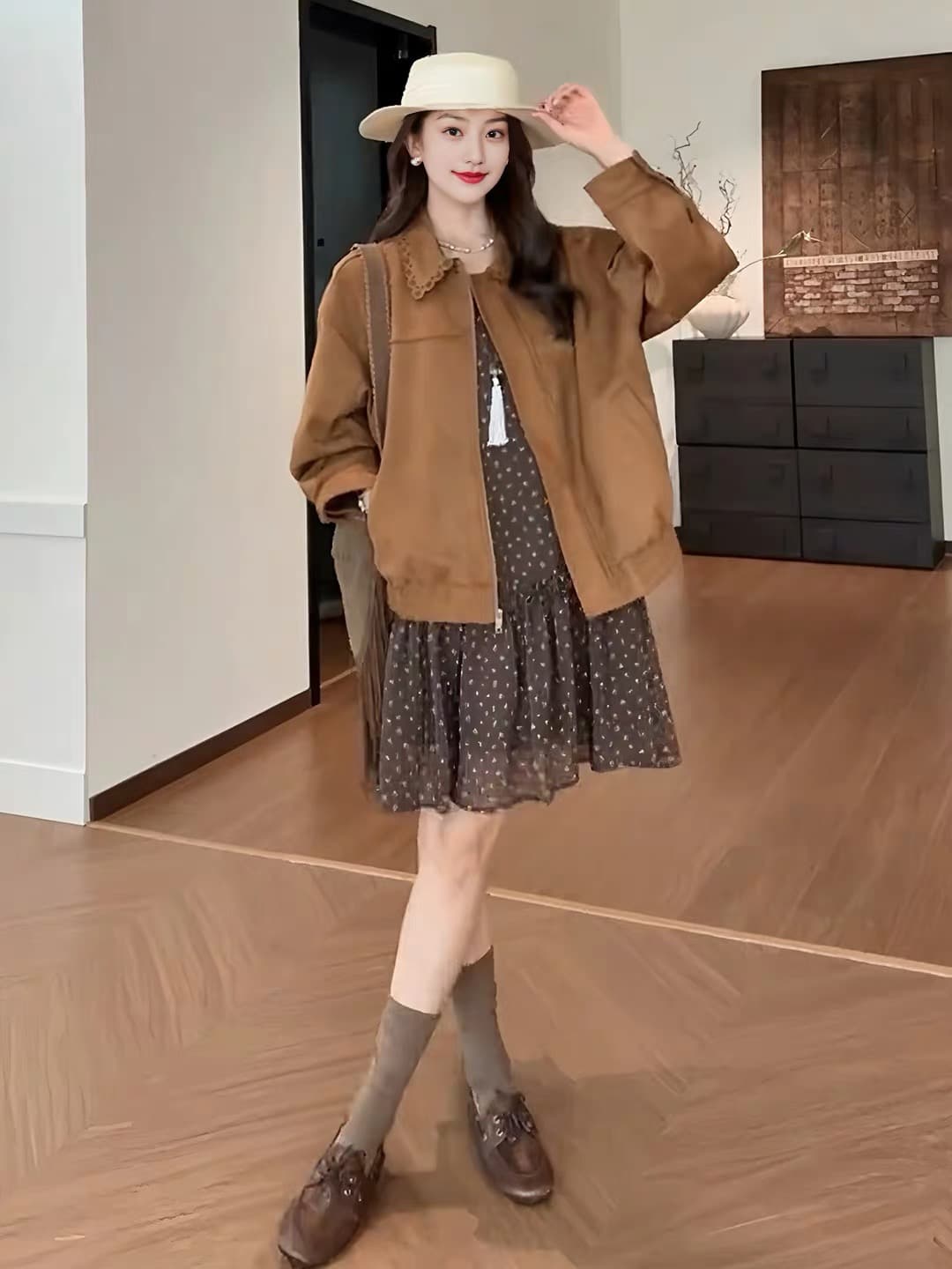 Breeze 가져 가라. 달 의류 새로운 호박색 깃발 바람 홀로우 아웃 폴로 칼라 루즈핏 가죽 재킷 여성 플러스 꽃무늬 드레스