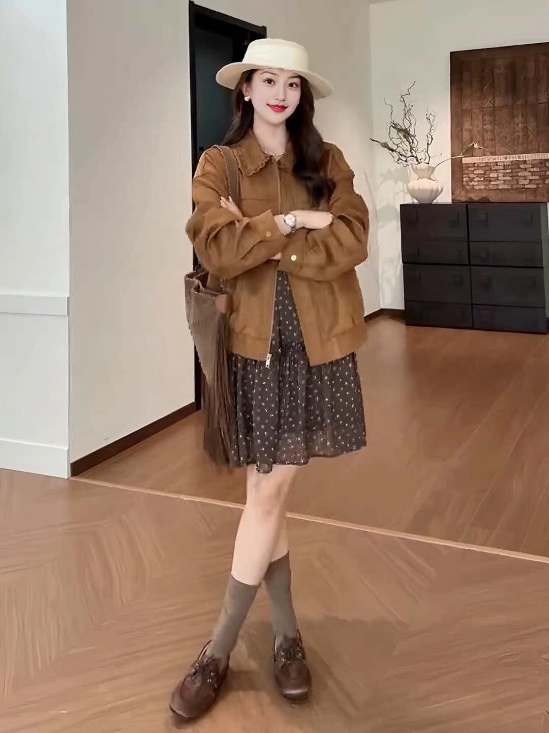 Breeze 가져 가라. 달 의류 새로운 호박색 깃발 바람 홀로우 아웃 폴로 칼라 루즈핏 가죽 재킷 여성 플러스 꽃무늬 드레스 이미지 3