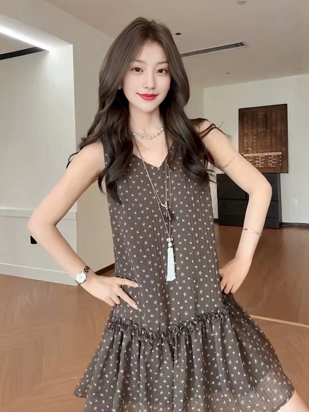 Breeze 가져 가라. 달 의류 새로운 호박색 깃발 바람 홀로우 아웃 폴로 칼라 루즈핏 가죽 재킷 여성 플러스 꽃무늬 드레스 이미지 4