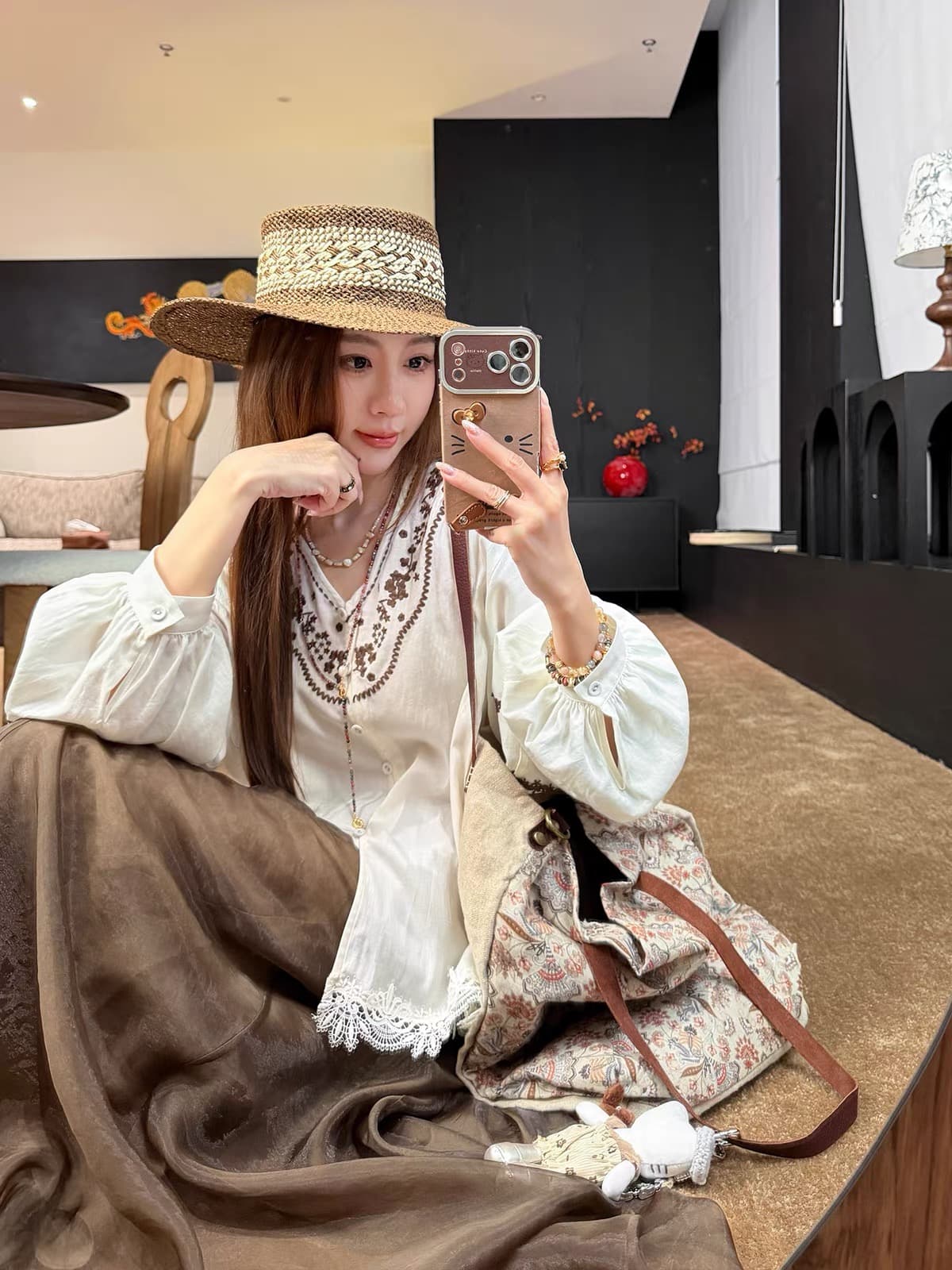 장 수렴성의 수렴성의 26 이른 가을 제인 언어 꽃 오리지널 베이지 색 주간 실크 아마 무거운 작업 자수 레이스 조각 작은 셔츠 상세 이미지 2