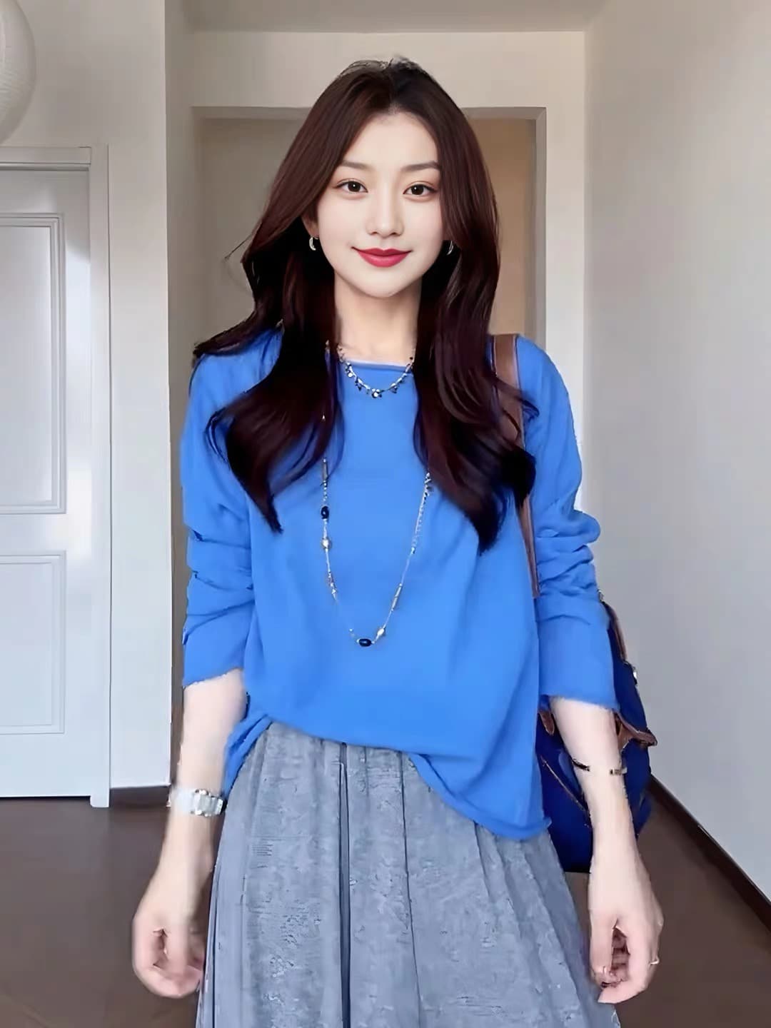 아마 품격 부드러운 미니멀리즘 느긋한 바람 라운드 넥 긴팔 니트 스웨터 맨위 와이드 레그 팬츠 세트 상세 이미지 2