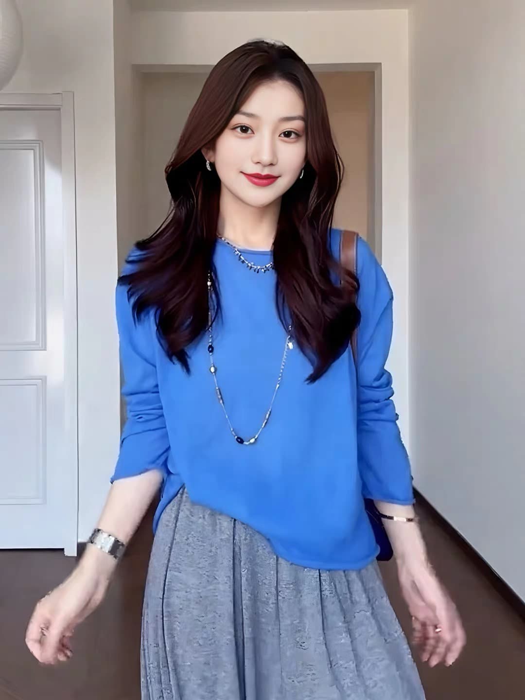 아마 품격 부드러운 미니멀리즘 느긋한 바람 라운드 넥 긴팔 니트 스웨터 맨위 와이드 레그 팬츠 세트 상세 이미지 3