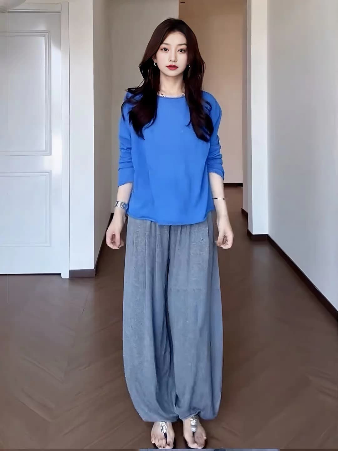 아마 품격 부드러운 미니멀리즘 느긋한 바람 라운드 넥 긴팔 니트 스웨터 맨위 와이드 레그 팬츠 세트 상세 이미지 4