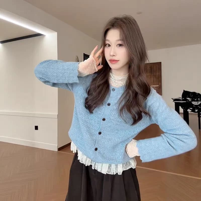 부드러운 바람 품격 소녀 센스 파란색 니트 오픈 가디건 여성 의류 2026 가을 겨울 새로운 다용도 슬림해 보이는 아름다운 맨위 상세 이미지 1