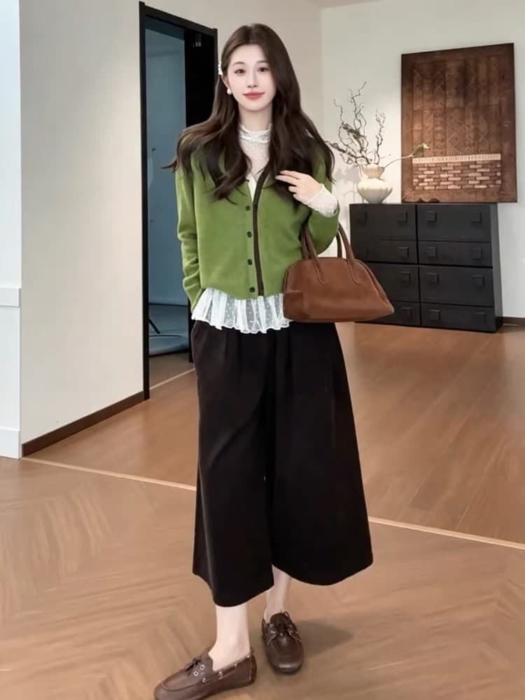 가을 겨울 새로운 새로운 루즈핏 느긋한 바람 니트 스웨터 여성 도트 무늬 기본 셔츠 플러스 바지 3종 세트 이미지 2