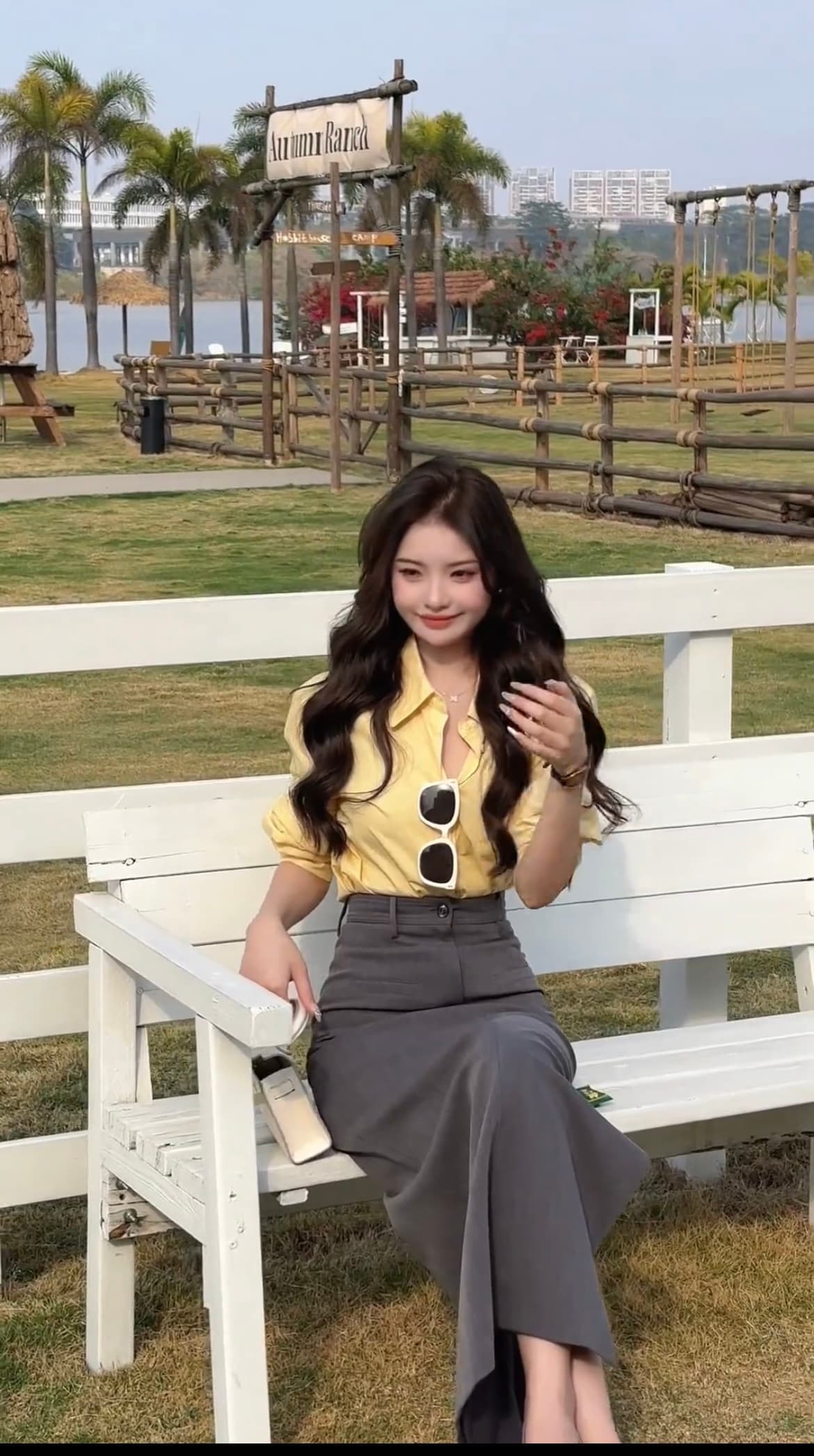 한국 스타일 미니멀리즘 POLO 칼라 파란색 여성 셔츠 봄 품격 루즈핏 톰 글 래 원인 셔츠 하이웨이스트 반신 치마 세트 상세 이미지 2