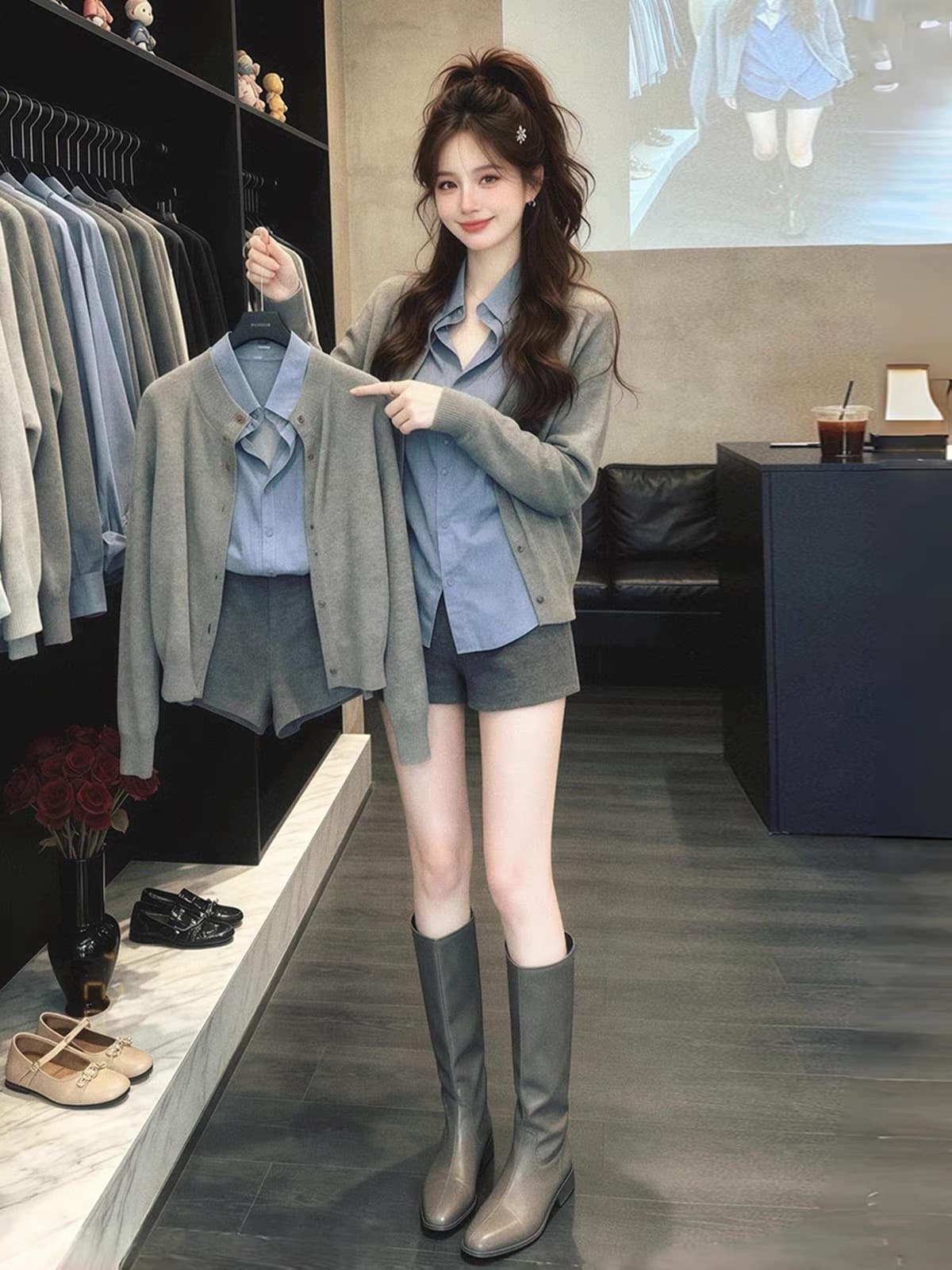 패치워크 색상 페이크 레이어드 루즈핏 재킷 니트 오픈 가디건 조기 가을 의상 여자 2026 새로운 자이언트 잘 생긴 디자인 센스 맨위 상세 이미지 1