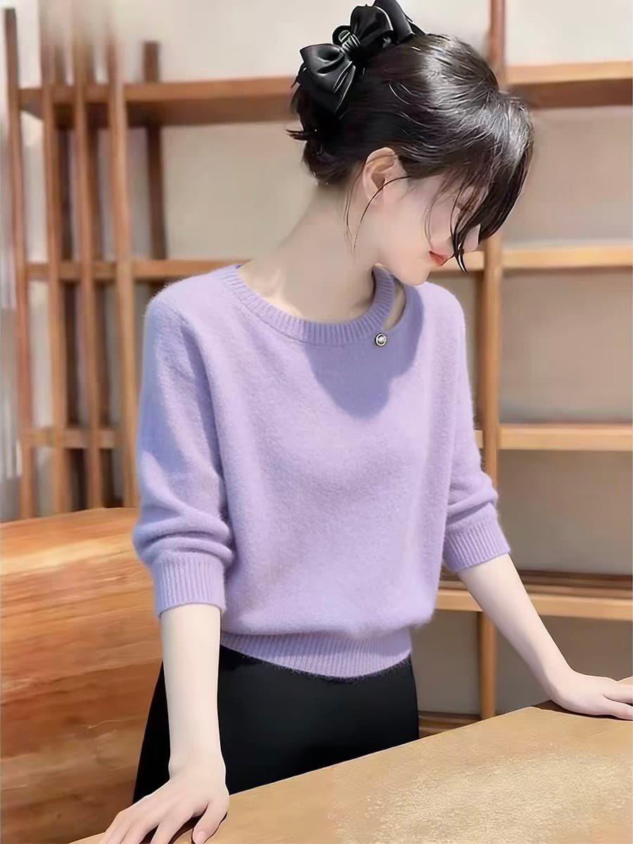 한 부서 느긋한 바람 느슨함 센스 보라색 스웨터 루즈핏 슬림해 보이는 불규칙 홀로우 아웃 니트 스웨터 여성 가을 겨울철 맨위 상세 이미지 1