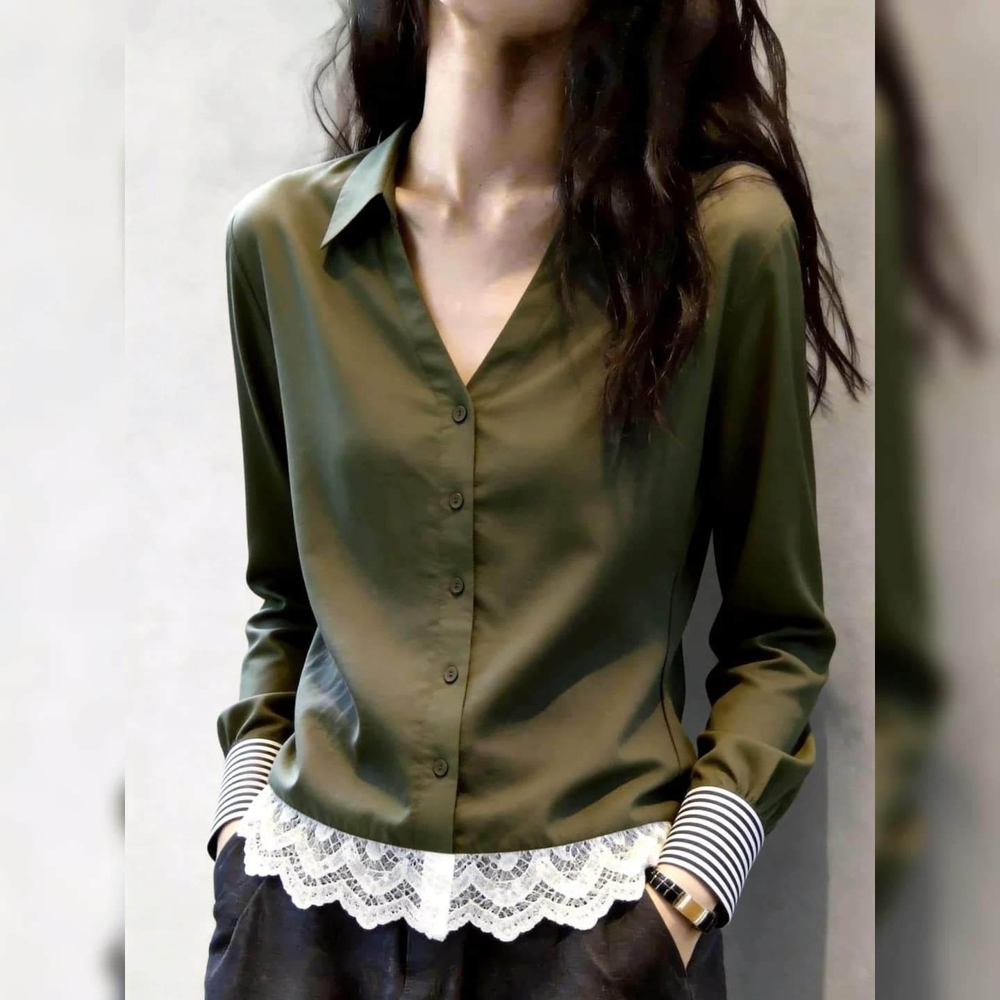 2026 년 가을 신제품 여성 레이스 밑단 Chic 고급 센스 세련된 작은 셔츠 감기 익스트림 제인 군용 녹색 맨위 상세 이미지 4