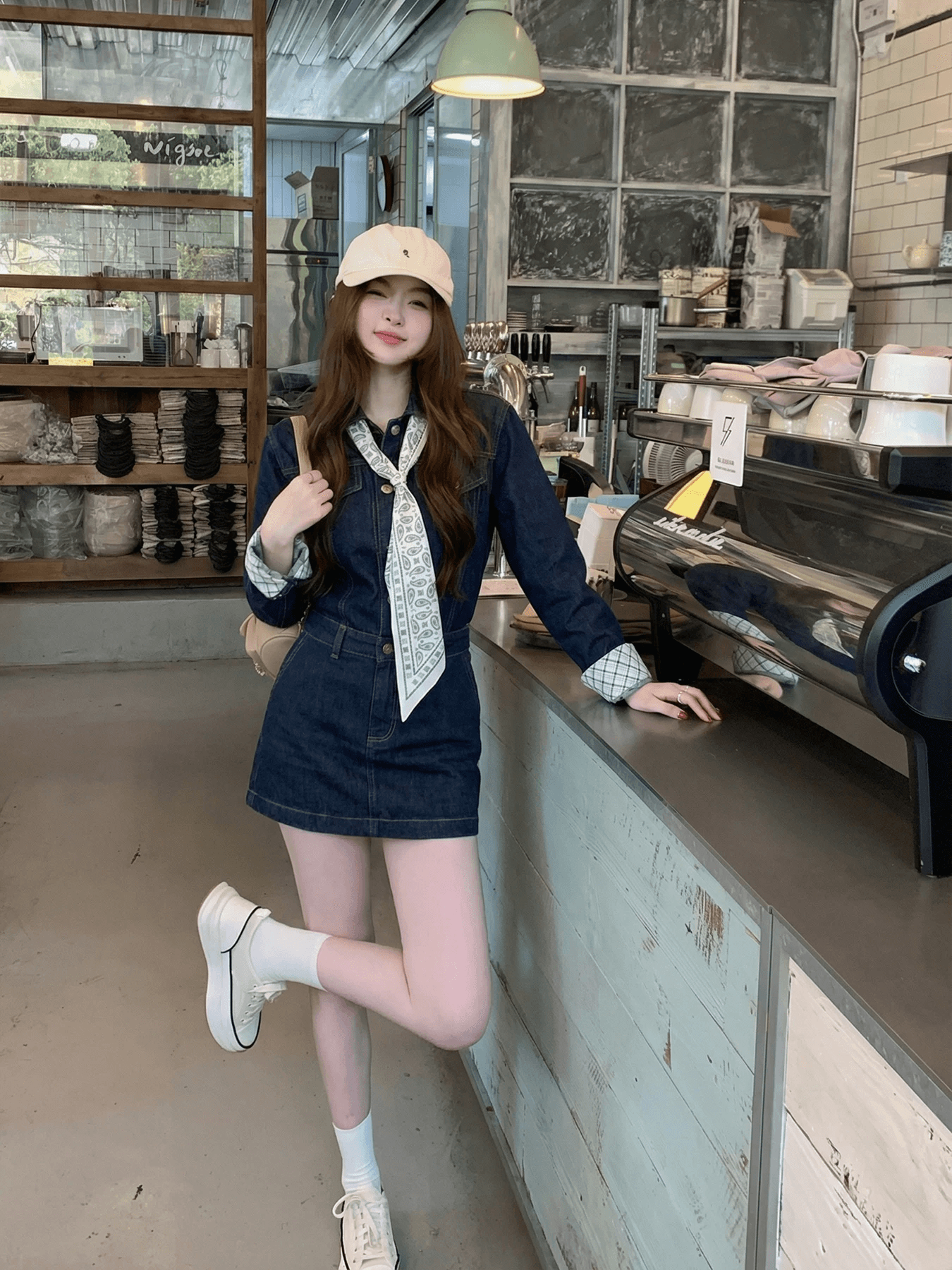 barb chill 워싱 데님 드레스 미니 스커트 여성 봄 가을 허리 수축 레트로 긴팔 셔츠 드레스 이미지 2