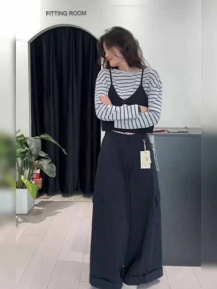 2026 가을 새로운 한 부서 chic 스트라이프 페이크 레이어드 긴팔 티셔츠 여성 패션 연령 감소 싱글 착용 쇼트 스타일 맨위 이미지 2