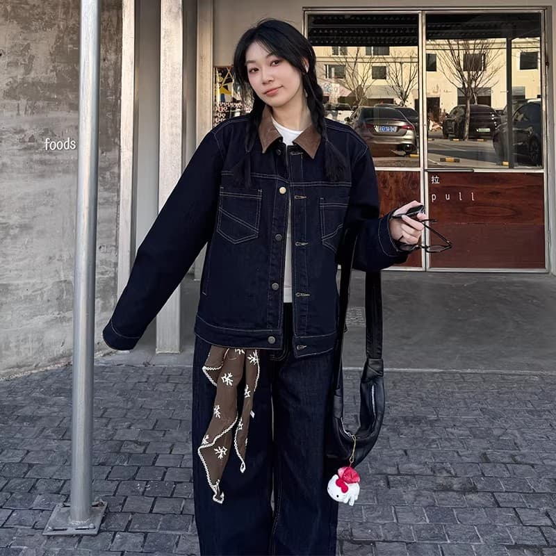 가을 계절 패치워크 폴로 칼라 데님 재킷 여성 루즈핏 다용도 레트로 슬림해 보이는 캐주얼 데님 재킷 상세 이미지 3