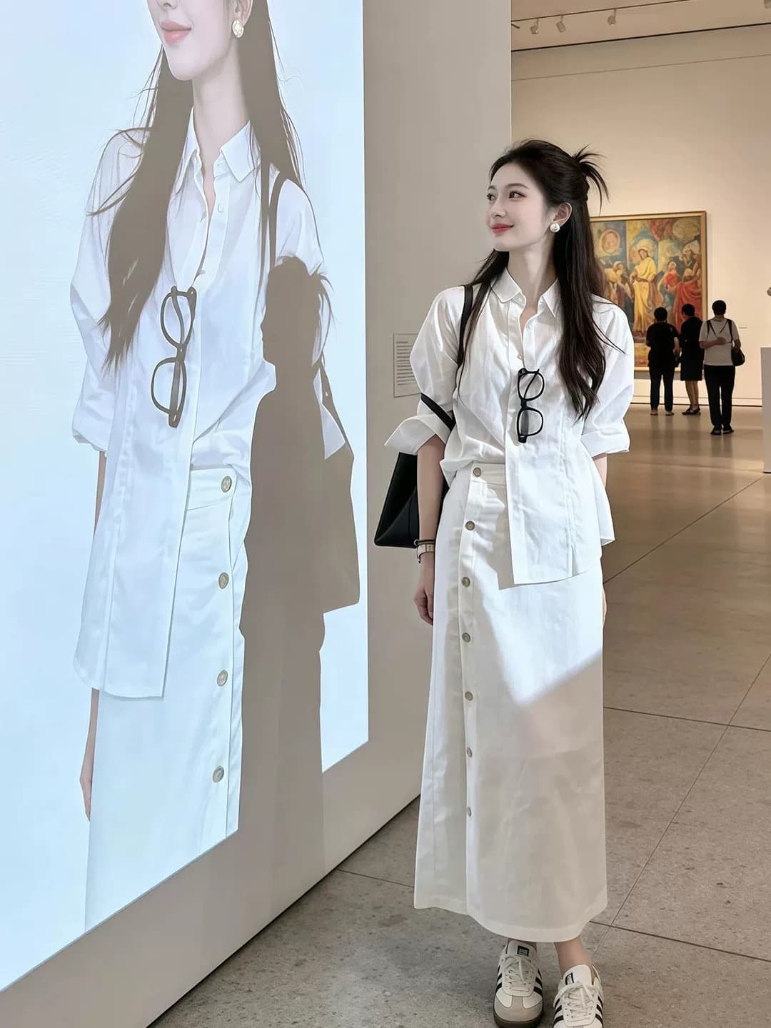 화이트 셔츠 반신 여성 드레스 조기 가을 2026 새로운 작은 키 한 부서 착용 가져 가라. 에이즈 환자 세트 롱 스커트 상세 이미지 1