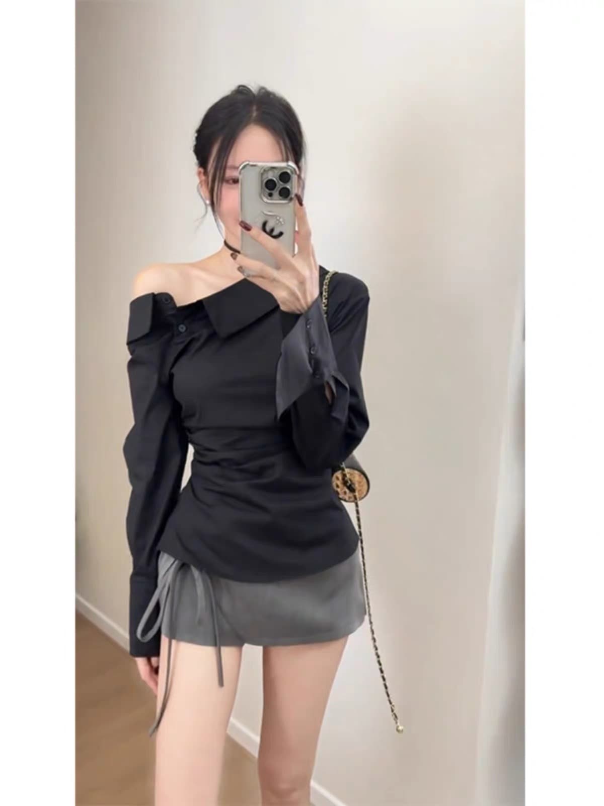 이른 가을 디자인 센스 작은 대중 비스듬한 어깨 셔츠 허리 수축 슬림해 보이는 오프숄더 맨위 나비 넥타이 이미지 2