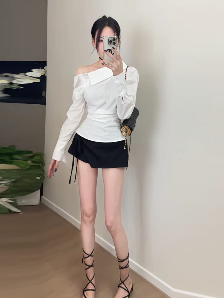 이른 가을 디자인 센스 작은 대중 비스듬한 어깨 셔츠 허리 수축 슬림해 보이는 오프숄더 맨위 나비 넥타이 이미지 4