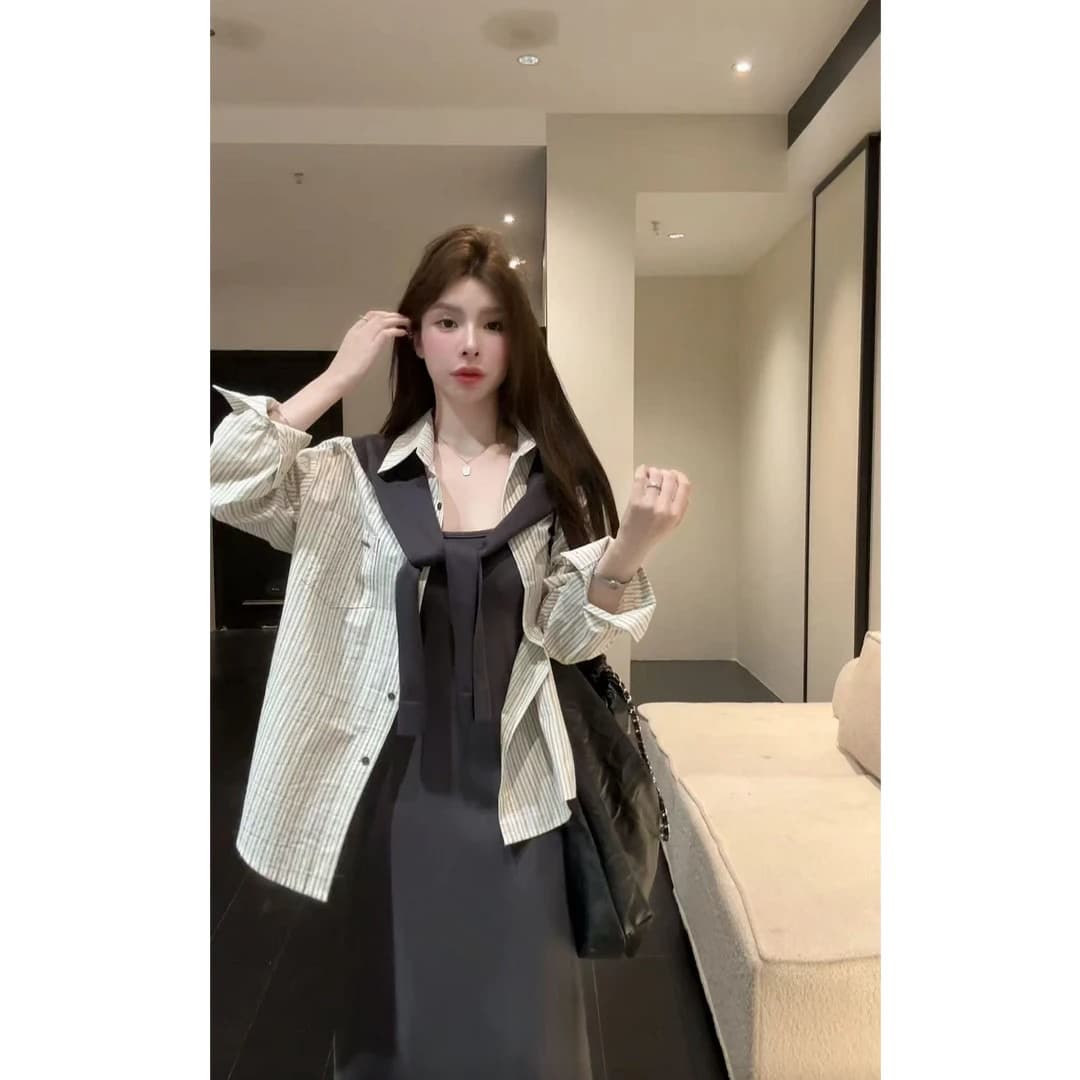 2026 이른 가을 한 부서 작은 대중 디자인 센스 연령 감소 코디 여성 긴 소매 스트라이프 셔츠 숄 슬립 드레스 투피스 세트 이미지 3