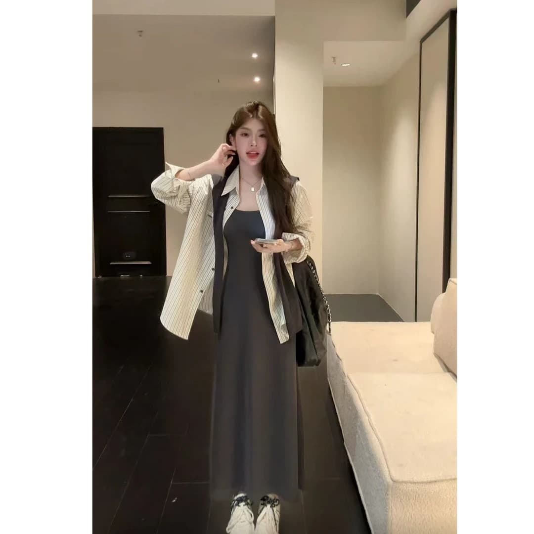 2026 이른 가을 한 부서 작은 대중 디자인 센스 연령 감소 코디 여성 긴 소매 스트라이프 셔츠 숄 슬립 드레스 투피스 세트 상세 이미지 2