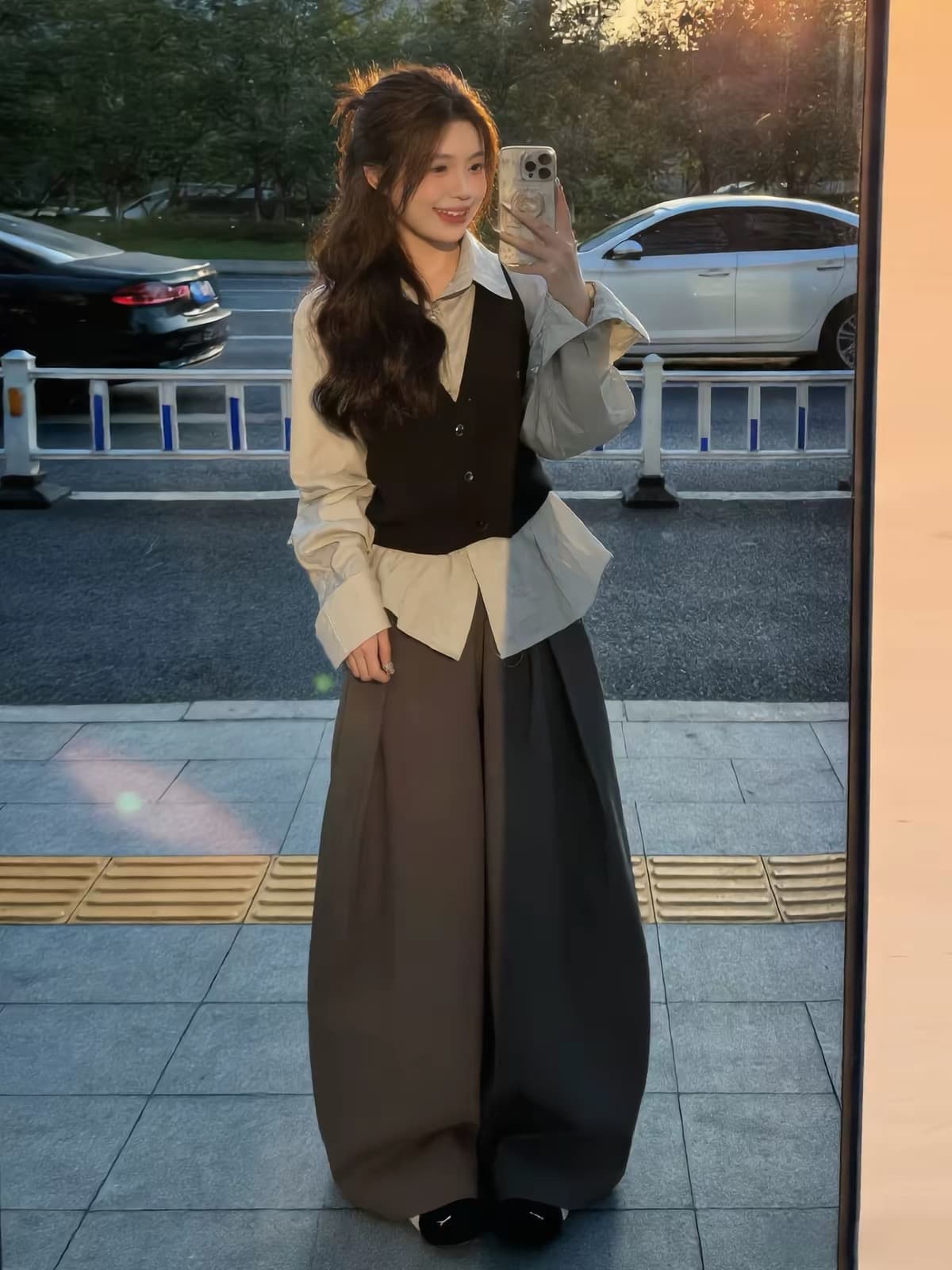 2026 이른 가을 새로운 한 부서 그레이트 통해보기 가져 가라. 전체 집합 베스트 셔츠 맨위 여성 와이드 레그 팬츠 세 조각 세트 상세 이미지 1