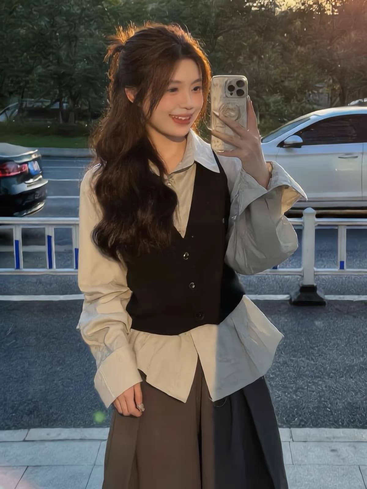 2026 이른 가을 새로운 한 부서 그레이트 통해보기 가져 가라. 전체 집합 베스트 셔츠 맨위 여성 와이드 레그 팬츠 세 조각 세트 상세 이미지 3