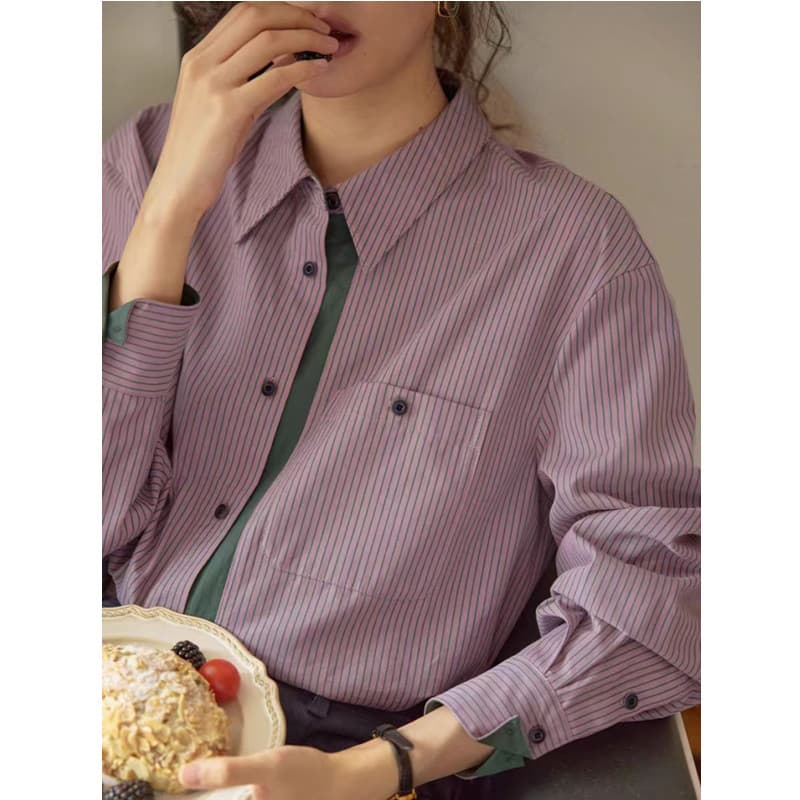 품격 숙련 된 스트라이프 POLO 칼라 여성 셔츠 이른 가을 2026 년 새로운 출퇴근 다용도 작은 셔츠 슈퍼 잘 생긴 셔츠 이미지 3