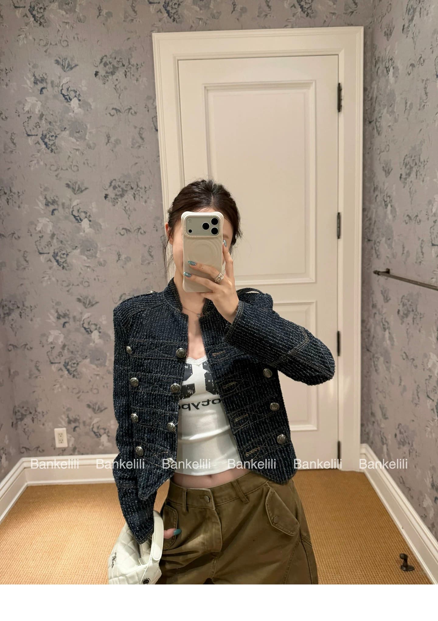 밤나무 코코아 bankelili 나폴레옹 스탠드 칼라 단추 데님 여성 코트 작은 대중 디자인 쇼트 스타일 재킷 상세 이미지 4