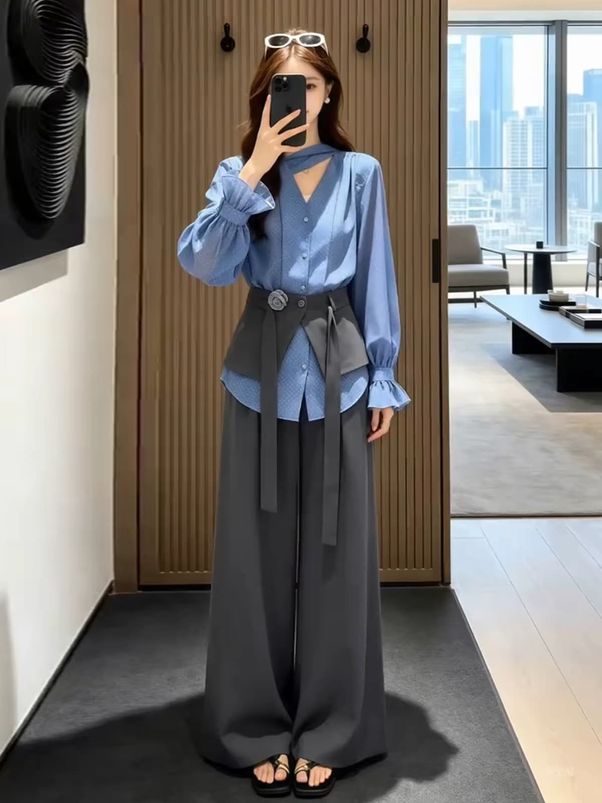 2026 새로운 한 부서 그레이트 통해보기 가져 가라. 전체 집합 파란색 긴팔 여성 셔츠 조기 초기 가을 와이드 레그 팬츠 세트