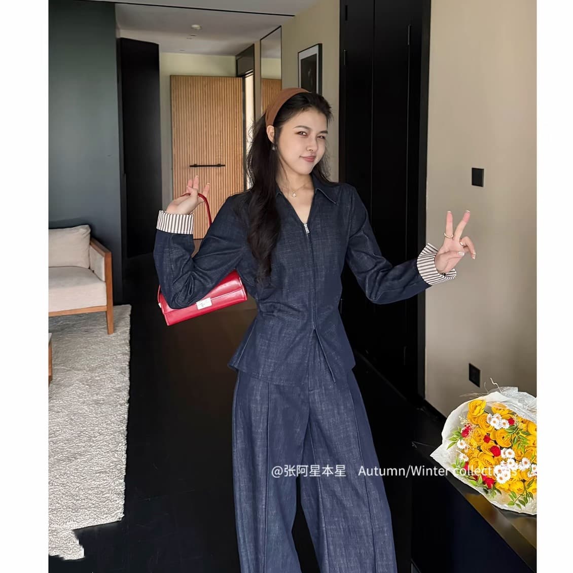 2026 봄과 가을 데님 도시 레트로 캐주얼 라이 경기 서울 면 지퍼 셔츠 하이웨이스트 스트레이트 팬츠 세트 상세 이미지 4