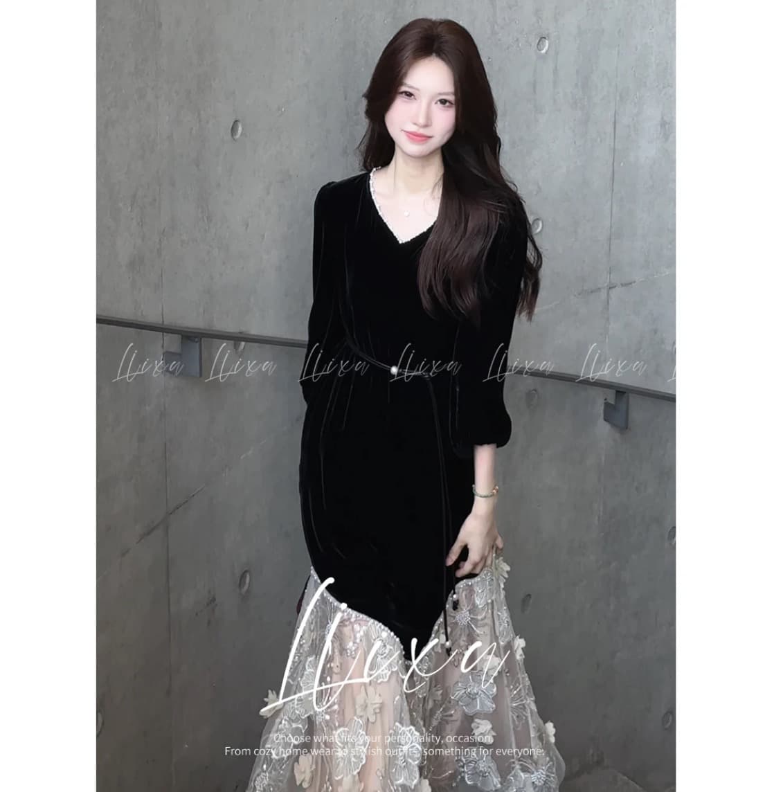2026 새로운 프랑스식 긴팔 여성 드레스 새로운 고급 센스 품격 패치워크 망사 길다 치마 벨트 포함 상세 이미지 4