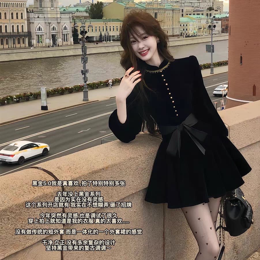 먹는다. 녹색 접시 보 라드. 천 골드 신제품 95 접기 레트로 검정색 벨벳 드레스 재킷 경기 치마바지 상세 이미지 1