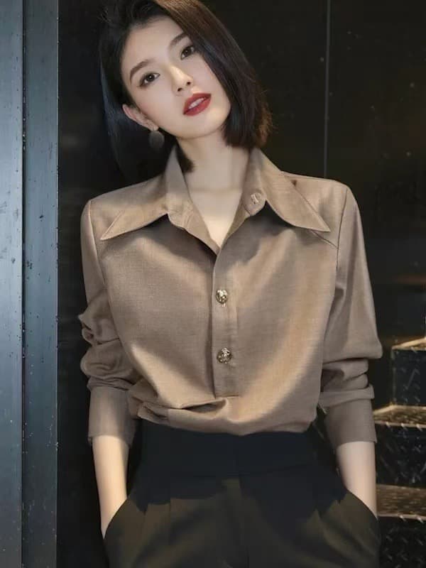 긴팔 여성 셔츠 2026 가을 겨울 새로운 한국 스타일 루즈핏 단색 폴로 칼라 맨위 고급 센스 외국 가스 셔츠 재킷