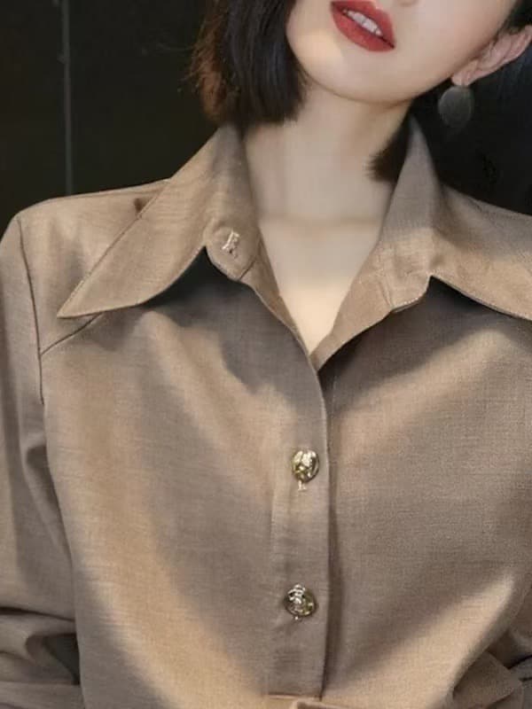 긴팔 여성 셔츠 2026 가을 겨울 새로운 한국 스타일 루즈핏 단색 폴로 칼라 맨위 고급 센스 외국 가스 셔츠 재킷 상세 이미지 2